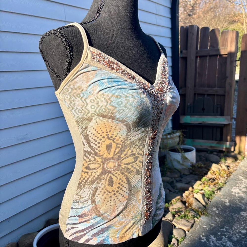 XOXO Vintage Nude Beaded Tank Top Floral Print Y2K Size Medium - Picture 10 of 16